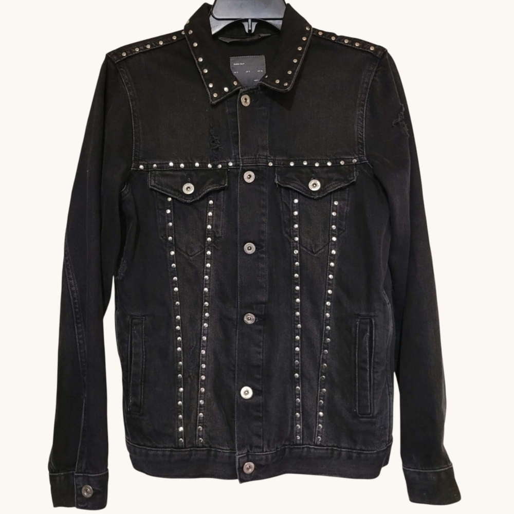Zara Man Charcoal Denim Jean Jacket Rivet Accent Distressed Pockets Womens Small